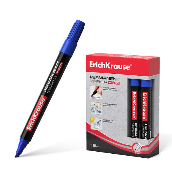 Erichkrause Marcador Permanente P-300 - Punta Biselada - Resistente al Agua y a los Rayos UV - Color Azul · Pack de 12 uds.
