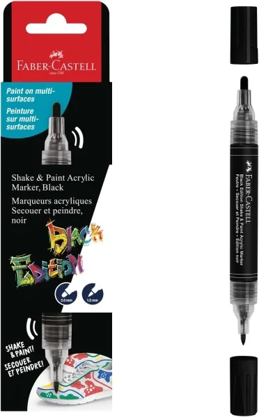 Faber-Castell Shake & Paint Black Edition Rotulador Acrilico Doble Punta - Puntas Redondas de 1mm y 3mm - Tinta Acrilica al Agua - Color Negro