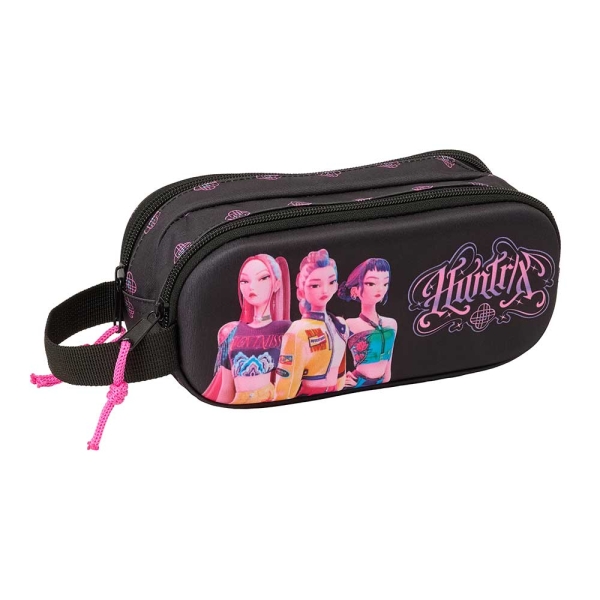 Safta K-Pop Demon Hunters Portatodo 3D - 2 Compartimentos con Cremallera - Asa Lateral - Capacidad 1L - 21x8x6cm - Color Negro