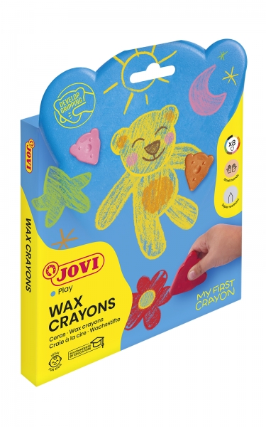 Jovi My First Crayon Estuche de 8 Ceras con Forma de Oso - Resistentes - No Manchan - Diseño Ergonomico - Fomenta El Correcto Agarre - Trazos Finos y Gruesos - Color Surtido
