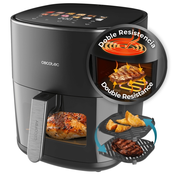 Cecotec Cecofry and Grill Duoheat 6500 Freidora sin Aceite 3 en 1 - Potencia de 2200W - Plancha - Grill - Capacidad 6.5L - Control de Temperatura - 12 Menus Automaticos - Color Negro