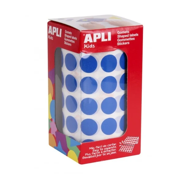Apli Rollo de Gomets Redondos Ø 15mm - Adhesivo Permanente - 2.832 Gomets - Adhesivo Base Agua - Libre de Disolventes - Color Azul