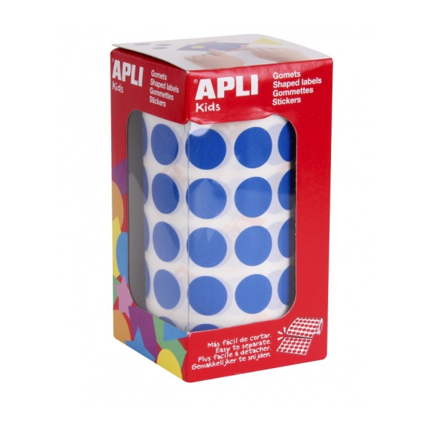 Apli Rollo de Gomets Redondos Ø 15mm - Adhesivo Permanente - 2.832 Gomets - Adhesivo Base Agua - Libre de Disolventes - Color Azul