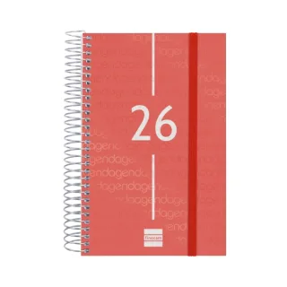 Finocam Year Agenda de Espiral - Anual 2026 - Tapa Ligera - Formato E5 - 135x24x181mm - 1 Dia por Pagina - Color Rojo