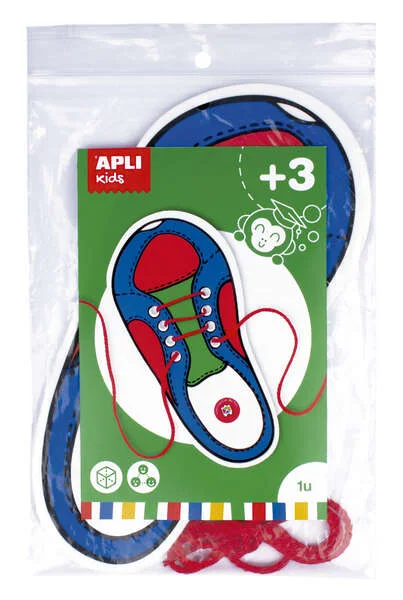 Apli Juego de Aprendizaje para Atar Zapatos - Plantilla de Plastico en Forma de Zapato de 100x210mm - Desarrolla Psicomotricidad Fina y Coordinacion Mano-Ojo - Cordon Rojo