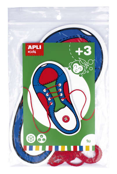 Apli Juego de Aprendizaje para Atar Zapatos - Plantilla de Plastico en Forma de Zapato de 100x210mm - Desarrolla Psicomotricidad Fina y Coordinacion Mano-Ojo - Cordon Rojo