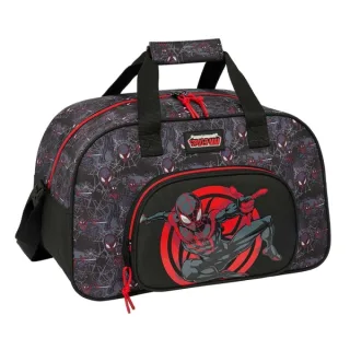 Safta Miles Morales Bolsa de Deporte - Bolsillo Frontal - Bandolera Ajustable - Asa Forrada - Tirador Doble - Tacos Proteccion Base - Fondo Extraible - 22L - 400x230x240mm - Color Negro y Ro