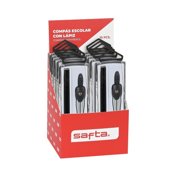 Safta Expositor con 10 Compases Escolares - Incluye Lapiz - Ergonomico - Colores Surtidos