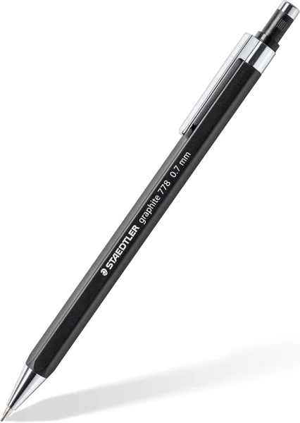 Staedtler Graphite 778 Portaminas 0.7mm - Cuerpo Hexagonal Negro Mate - Punta Metalica Retractil - Mina Amortiguada - Clip Metalico - Goma de Borrar · Pack de 10 uds.