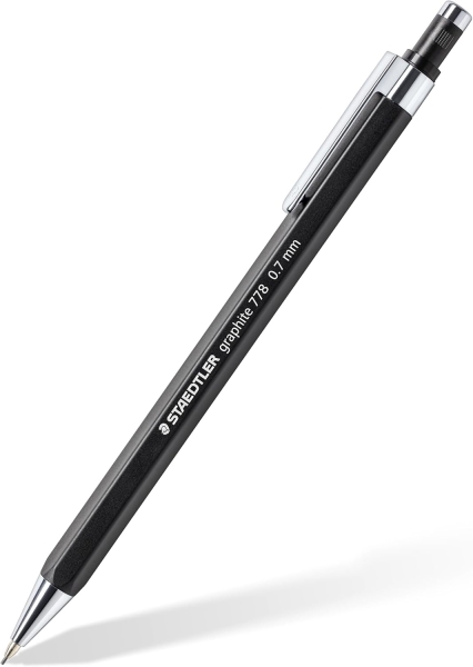 Staedtler Graphite 778 Portaminas 0.7mm - Cuerpo Hexagonal Negro Mate - Punta Metalica Retractil - Mina Amortiguada - Clip Metalico - Goma de Borrar · Pack de 10 uds.
