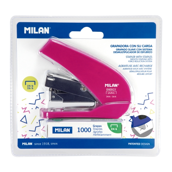 Milan Acid Energy Saving Grapadora Compacta - 1000 Grapas Incluidas - hasta 20 Hojas - Grapas 24/6 y 26/6 - Color Rosa