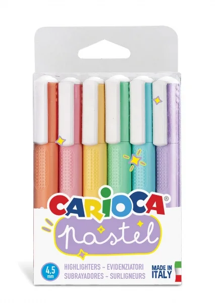 Carioca Pack de 6 Subrayadores Pastel - Tinta a Base de Agua - Punta Biselada - Tinta Lavable - Color Varios