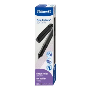 Pelikan Pina Colada Boligrafo Recargable - Trazo de 0.7mm - Agarre Ergonomico Ambidiestro - Cuerpo Rayado Efecto Metalico - Cartucho TP6 Azul Real - Color Antracita · Pack de 8 uds.