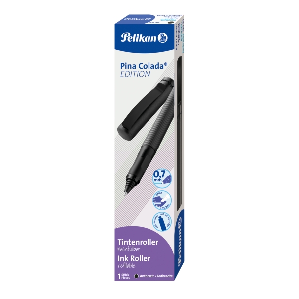 Pelikan Pina Colada Boligrafo Recargable - Trazo de 0.7mm - Agarre Ergonomico Ambidiestro - Cuerpo Rayado Efecto Metalico - Cartucho TP6 Azul Real - Color Antracita · Pack de 8 uds.