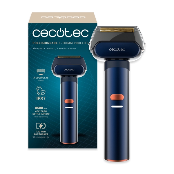 Cecotec PrecisionCare X-Trimm ProElite Afeitadora Inalambrica - Cuerpo de Aluminio - 8500rpm - Bateria 1300mAh - Cuchillas de Titanio - 3 Velocidades - IPX7 - Bloqueo de Seguridad - Color Az