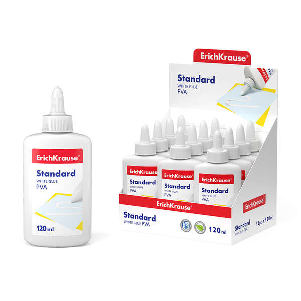 Erichkrause Cola Blanca PVA Standard 120ml - Aplicador Autolimpiante - Regulador de Intensidad - No Toxico - Resistente al Frio - Color Blanco · Pack de 12 uds.