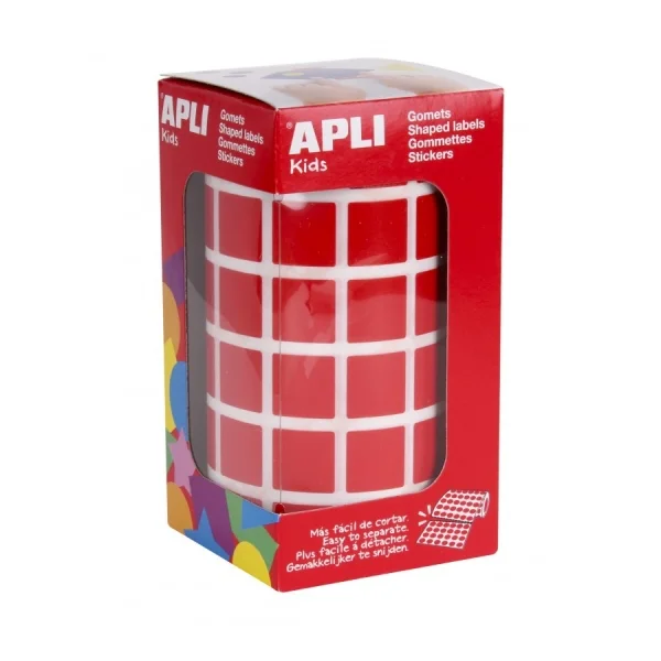 Apli Rollo de Gomets Cuadrados - Adhesivo Permanente - 2.832 Gomets - Adhesivo Base Agua - Libre de Disolventes - Color Rojo