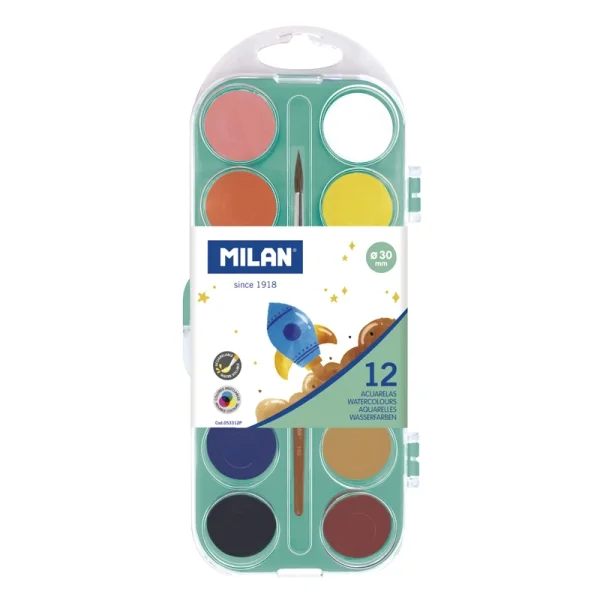 Milan Paleta de 12 Acuarelas Opacas de 30mm - Practico Estuche - Incluye Pincel - Colores Surtidos