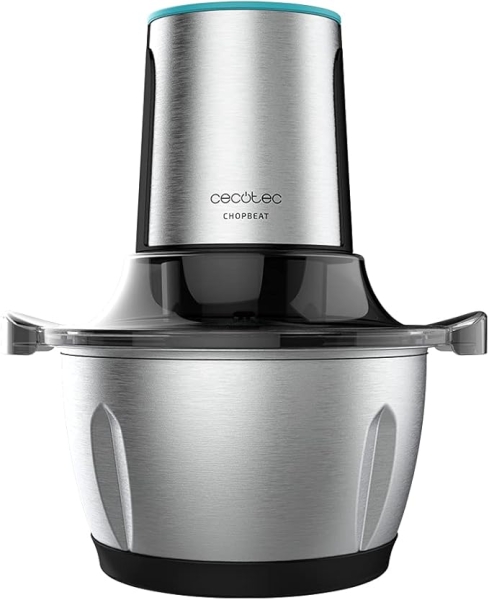 Cecotec ChopBeat 1500 TitanBlack Steel Picadora Electrica - 600W - Cuchillas de Titanio - Bol de 1.5L de Acero Inoxidable - 2 Velocidades - Espiralizador con 4 Accesorios - Libre de BPA - Fa