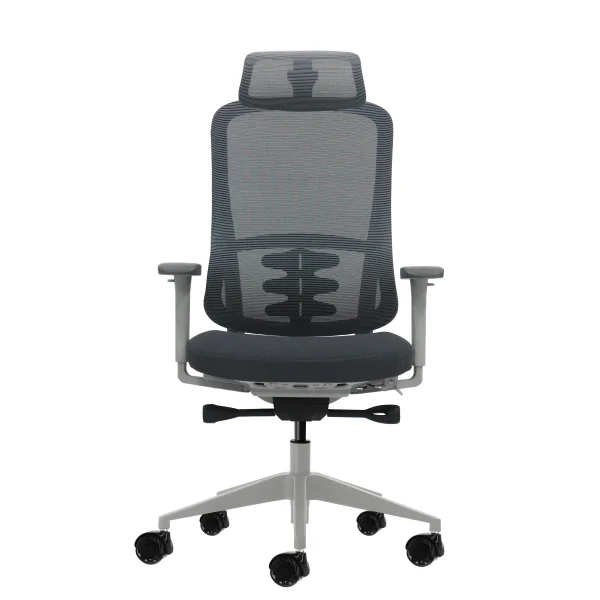 Oqonos Cherg 022 Silla de Oficina Ergonomica con Reposacabezas Cervical Ajustable, Mecanismo Autobalanceado, Reposabrazos 4D, Asiento Deslizable y Ruedas de Silicona - Gris