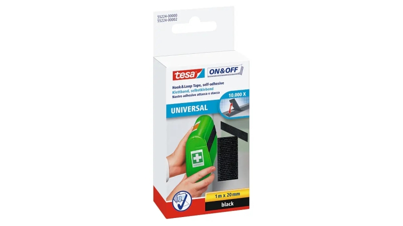 Tesa On & Off Cinta de Velcro 20mm x 1m - Se puede Abrir y Cerrar hasta 10.000 Veces - Color Negro