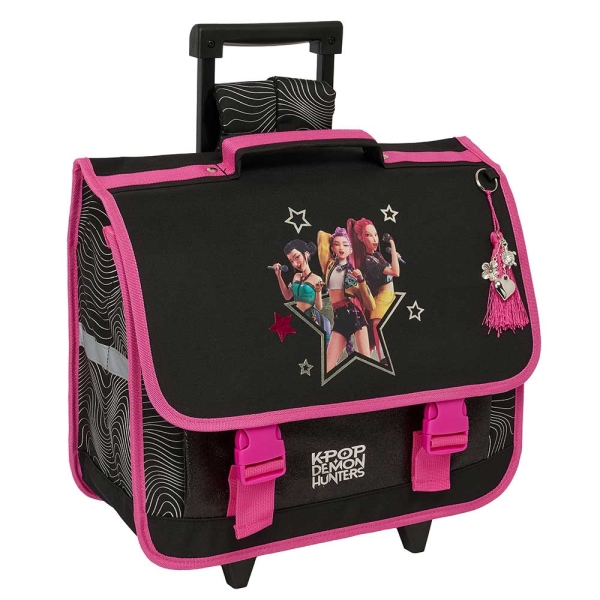 Safta K-Pop Demon Hunters Energy Mochila Cartera Escolar con Carro - Solapa - Bolsillo con Cremallera - Espalda Acolchada - Hombreras Ajustables - Asa de Mano - 40x33x17cm - Color Negro y Rosa