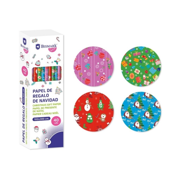 Bismark Navidad Gifts Rollo de Papel Regalo - Medidas 100cmx300cm - 4 Diseños Diferentes · Pack de 40 uds.