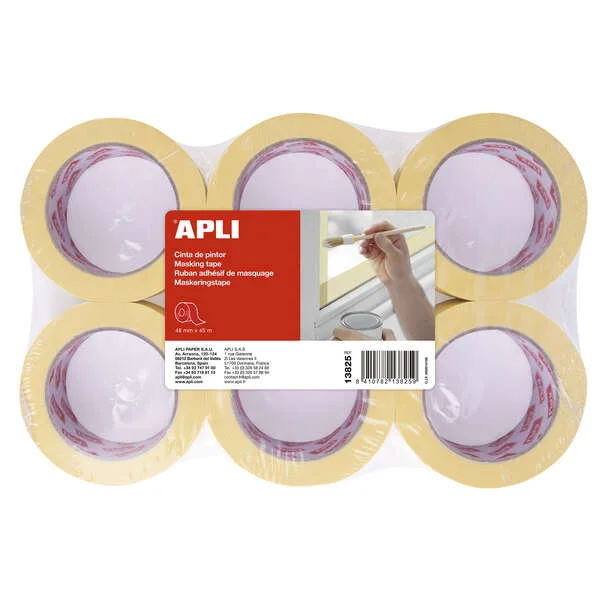 Apli Rollo Cinta Pintor 48mm x 45m - Adhesivo de Alta Resistencia - Facil de Cortar y Aplicar · Pack de 6 uds.
