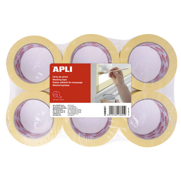 Apli Rollo Cinta Pintor 48mm x 45m - Adhesivo de Alta Resistencia - Facil de Cortar y Aplicar · Pack de 6 uds.