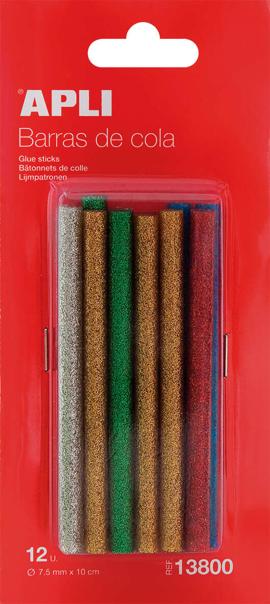 Apli Recambio de Barras de Adhesivo Termofusible - Ø7.5mmx10cm - Colores Surtidos con Purpurina - Precision y Limpeza - Compatible con Pistolas de Ø7.5mm - Ideal para Manualidades y Bricolaje