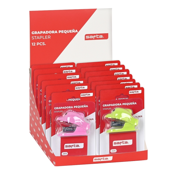 Safta Expositor con 12 Grapadoras Manuales - Sistema Quitagrapas Integrado - Incluye Caja de Grapas - Compatible con 24/6 - Sujetan hasta 10 Hojas - Colores Surtidos