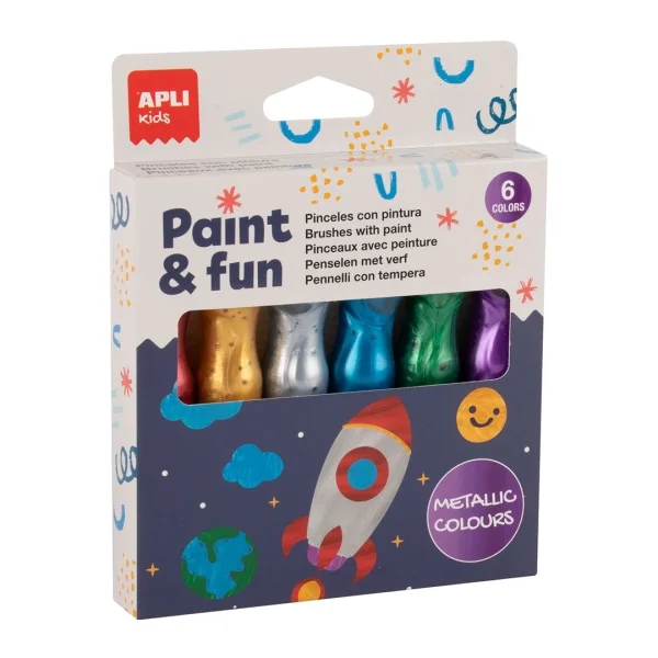 Apli Kids Pack de 6 Temperas en Tubo con Pincel 13ml - Practico y Sin Limpieza - Fomenta Creatividad y Colaboracion - Colores Surtidos Metalizados