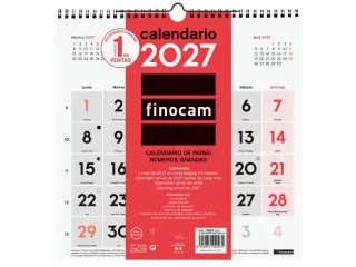 Finocam Neutro Calendario de Pared - Anual 2027 - Mes Vista - 300x300mm - Espiral Doble - Papel de 120g/m2 - Numeros Grandes - Color Rojo y Blanco