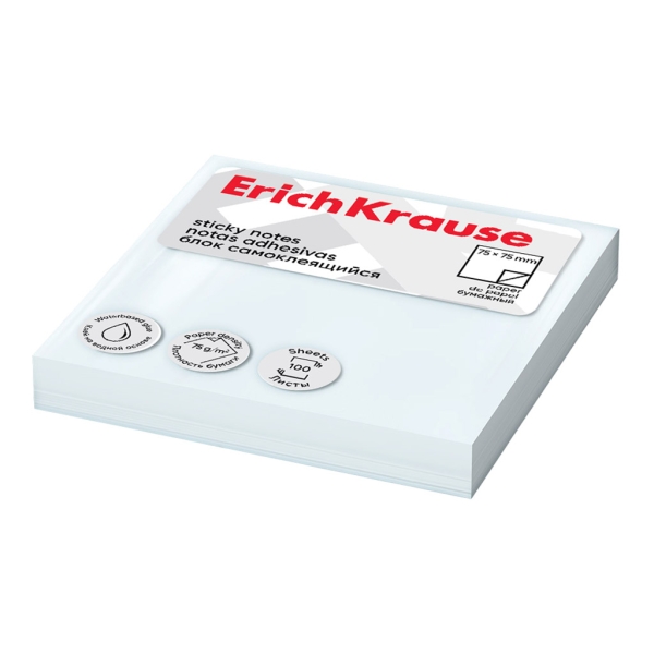 ErichKrause Bloc de 100 Notas Adhesivas Reposicionables - Papel de 75g/m2 - 75x75mm - Pegamento a Base de Agua - Color Blanco · Pack de 12 uds.