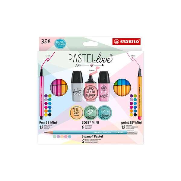 Stabilo Pastellove Pack de 35 Marcadores y Rotuladores - 12 Rotuladores Premium Pen 68 Mini, 12 Rotuladores Point 88 Mini, 6 Rotuladores Fluorescentes BOSS MINI Pastellove y 5 Lapices de Gra