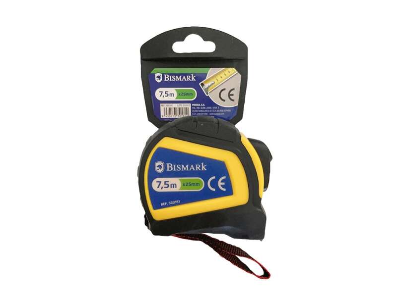 Bismark Flexometro 7.5m con Freno - Carcasa Reforzada Extra Fuerte de Goma - Cinta para Colgar - Color Negro/Amarillo