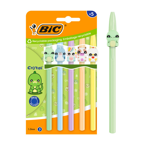 Bic Cristal Pastel Figurines Pack con 5 Boligrafos de Bola - Cuerpo Opaco en Colores Pastel con Figuras de Animales - Punta Redonda de 1mm - Trazo 0.4mm - Tinta con Base de Aceite - Color de