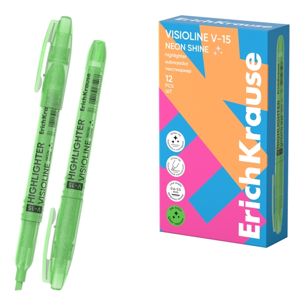 ErichKrause Visioline V-15 Neon Shine Marcador Fluorescente - Punta Biselada - Trazo de 0.6 a 3.5mm - Color Verde · Pack de 12 uds.