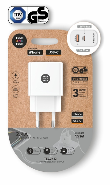 TechOneTech Cargador Doble de Pared USB-A a USB-C 12W Blanco