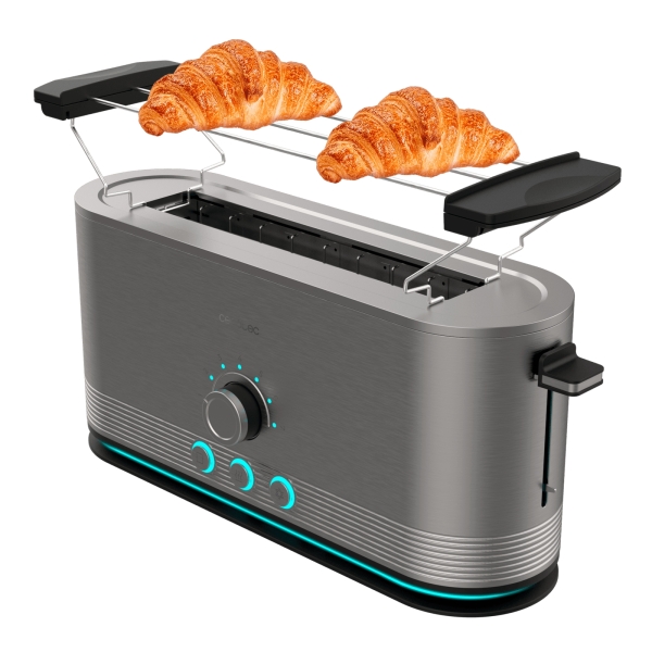 Cecotec ShineandToast Extra Tostadora de Ranura Larga - Potencia de 1050W - Aviso Luminoso - Ranura Ancha hasta 3.8cm - Acabado en Acero Inoxidable - Calienta Panecillos - 7 Niveles de Tosta