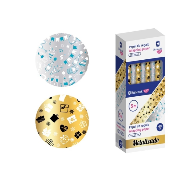 Bismark Metalizado Rollo de Papel Regalo - Medidas 70cmx500cm - 2 Diseños Diferentes · Pack de 40 uds.