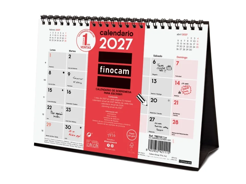 Finocam Neutro Calendario de Sobremesa - Anual 2027 - Mes Vista - Formato S - 210x150mm - Espiral Doble - Papel de 120g/m2 - Espacio para Escribir - Color Rojo y Blanco