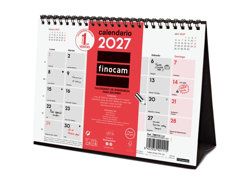 Finocam Neutro Calendario de Sobremesa - Anual 2027 - Mes Vista - Formato S - 210x150mm - Espiral Doble - Papel de 120g/m2 - Espacio para Escribir - Color Rojo y Blanco