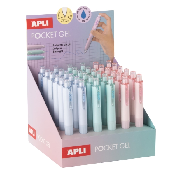 Apli Pocket Gel Expositor con 36 Mini Boligrafos de Tinta Gel Retractiles - Tinta Color Azul - Cuerpo de Diferentes Colores Pastel