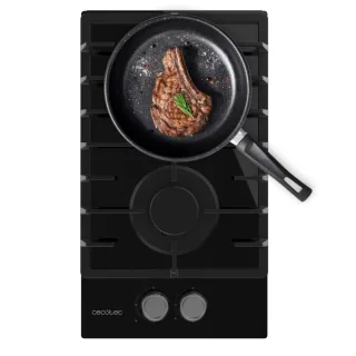 Cecotec Bolero Squad G 2200F Glass Black Cocina de Gas Encastrable - 2 Quemadores - Acabado en Cristal Negro - 5.25kW - Parrillas de Hierro Fundido - Inyector Convertor a Glp - Color Negro