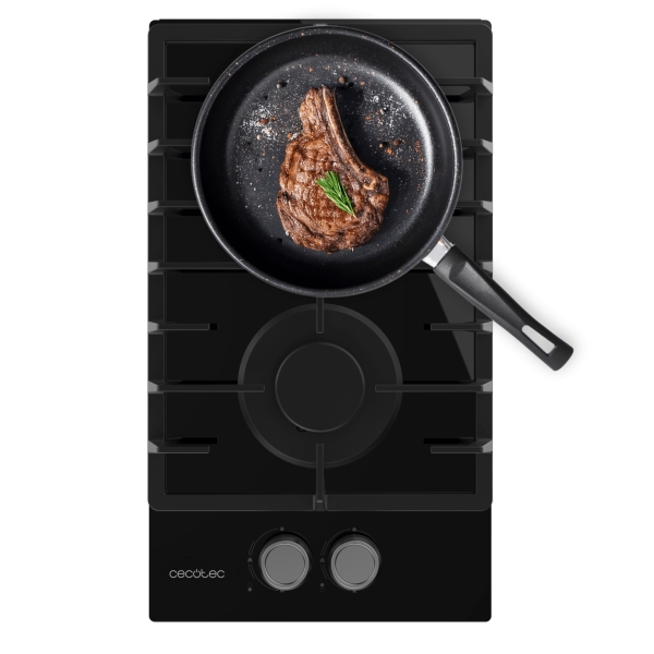 Cecotec Bolero Squad G 2200F Glass Black Cocina de Gas Encastrable - 2 Quemadores - Acabado en Cristal Negro - 5.25kW - Parrillas de Hierro Fundido - Inyector Convertor a Glp - Color Negro