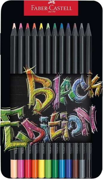 Faber-Castell Black Edition Caja Metalica de 12 Lapices de Colores - Mina Supersuave - Madera Negra - Ideales para Dibujo sobre Papel Claro, Oscuro y de Colores - Colores Surtidos