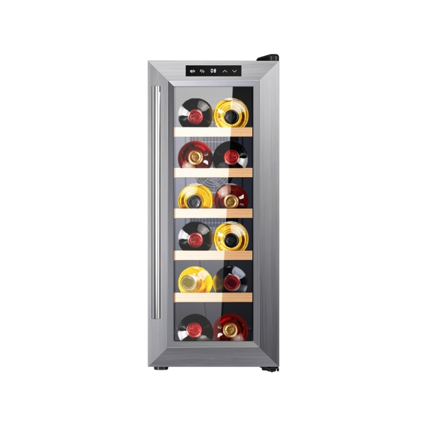 Cecotec Bolero GrandSommelier 1270 CoolWood Vinoteca para 12 Botellas - Silencioso 35dB - Luz LED - Pantalla LED - Temperatura Regulable - Control Tactil - Color Acero