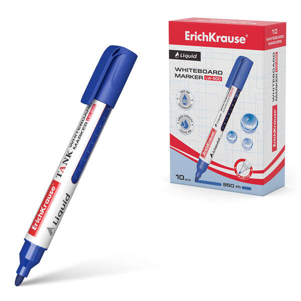 Erichkrause Liquid LW-600 Marcador de Pizarra Blanca - Tinta Liquida a Base de Alcohol - Punta en Forma de Bala - Ancho de Linea 2.5mm - Color Azul · Pack de 10 uds.