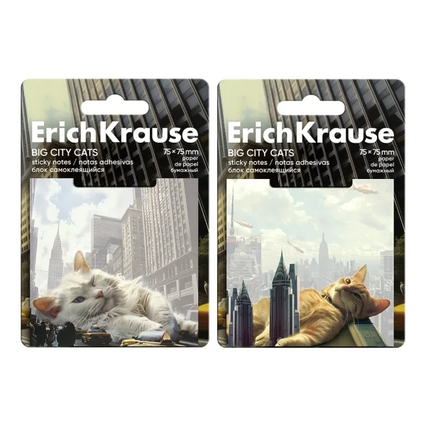 ErichKrause Big City Cats Bloc de 50 Notas Adhesivas Reposicionables - Papel de 75g/m2 - 75x75mm - Pegamento a Base de Agua - Colores Surtidos